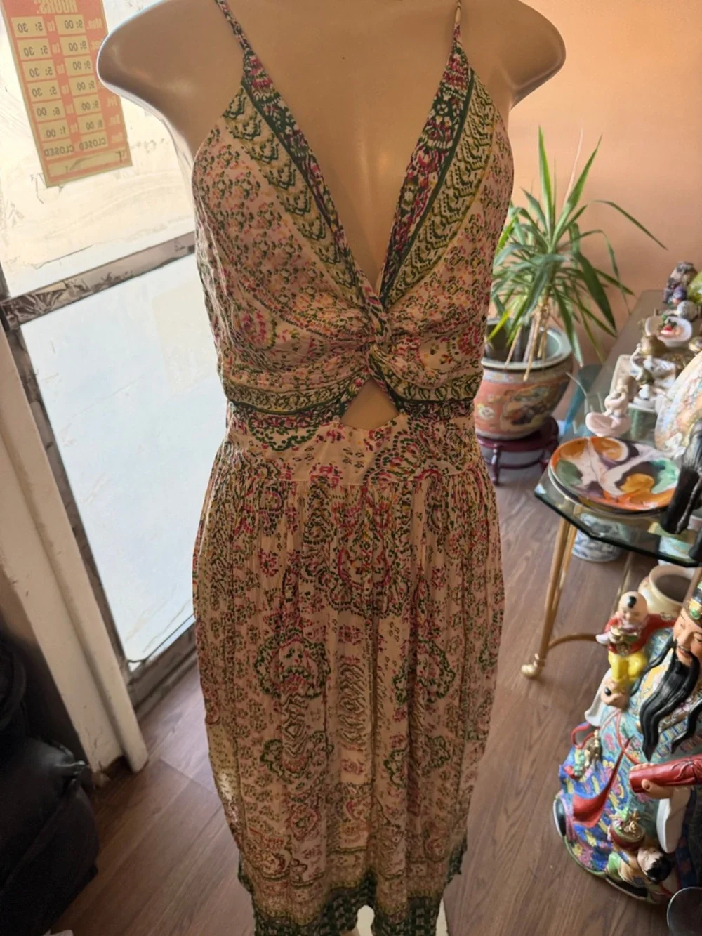 Boho Twist-Front‎ Floral Maxi Dress in Cream and Pink